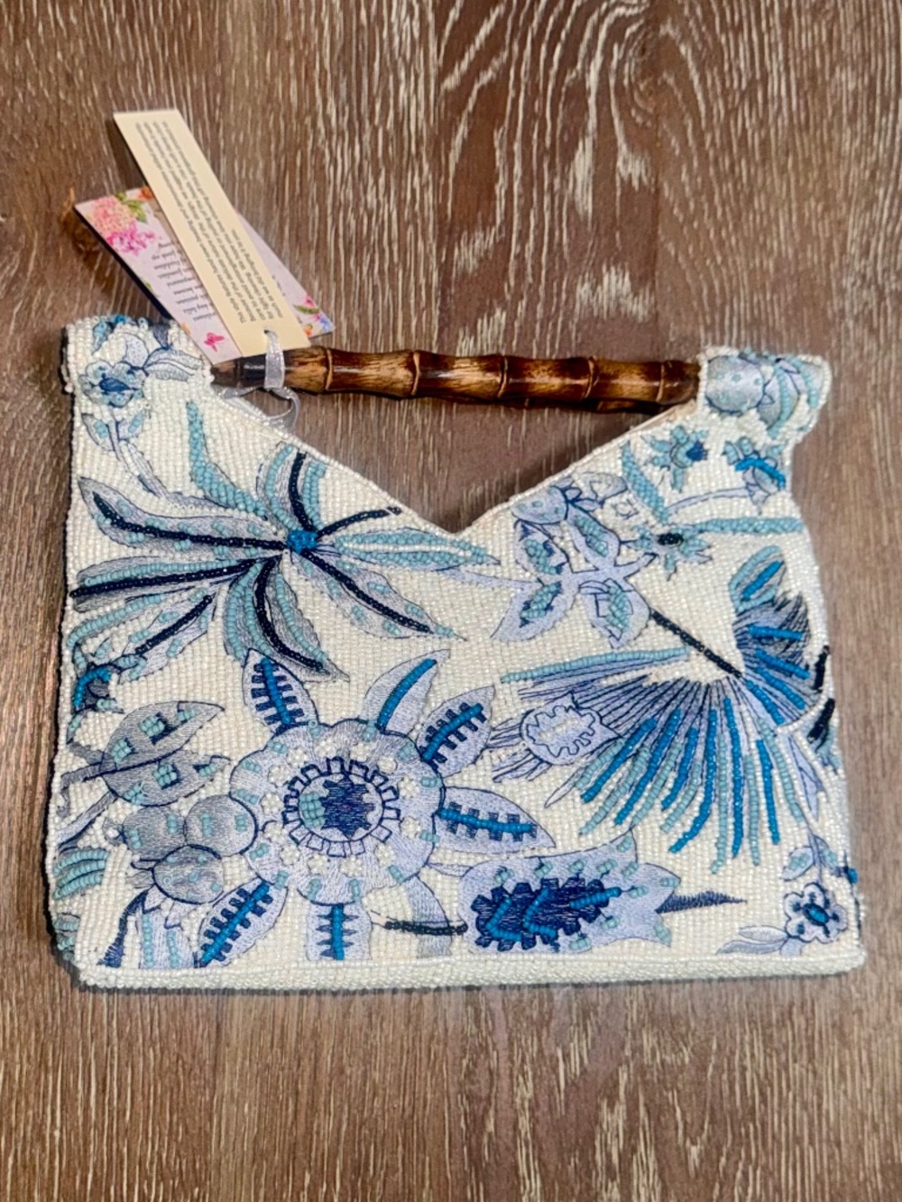 NWT Handmade Beaded Blue toile Floral Handbag with Bamboo Handle